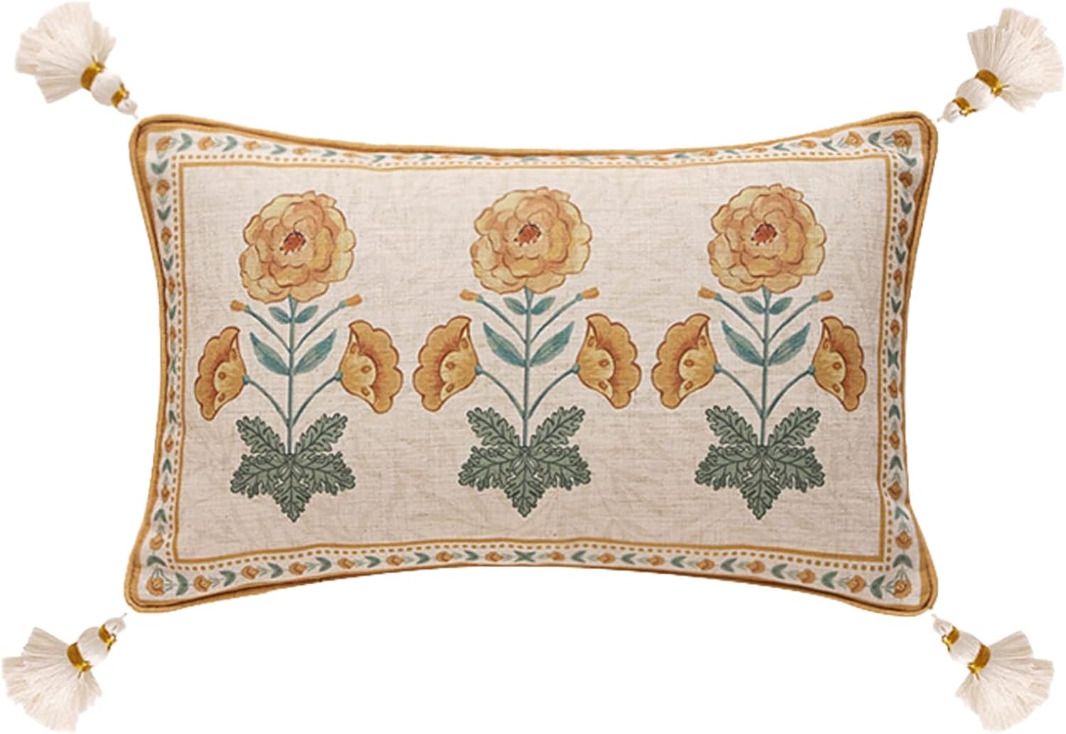 patdrea Designer Rectangle Throw Pillow Covers for Couch 12"x20",Vintage French Linen with Beige Daisy Floral Pattern and White Pendant,Farmhouse Decorative Lumbar Cushion for Bed,Living Room