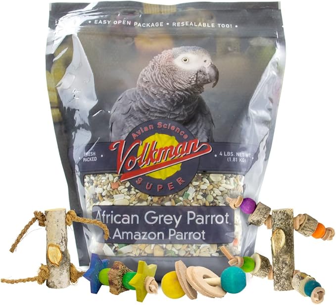Volkman Avian Science Super African Gray Parrot Food with Foot Toys for Large Birds, Bird Food African Grey Parrot Treats with Foot Roller - 4 Lbs. (1Toy, Toys May Vary)