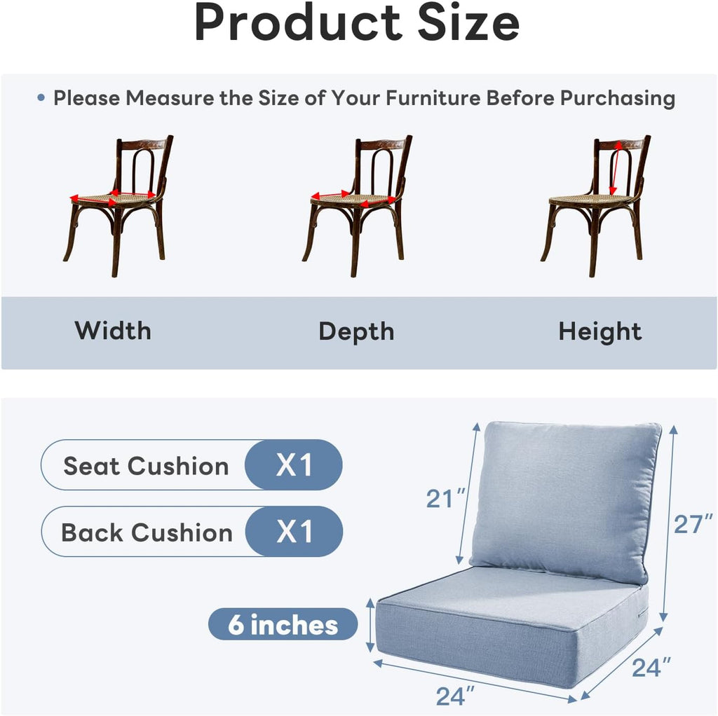 6 inches Thicker Outdoor Chair Cushions Set- 24" *24" *6" Waterproof Patio Furniture Cushions with Removable Cover, 28D High Density Sponge Filling Thicken Outdoor Patio Cushions - Baby Blue