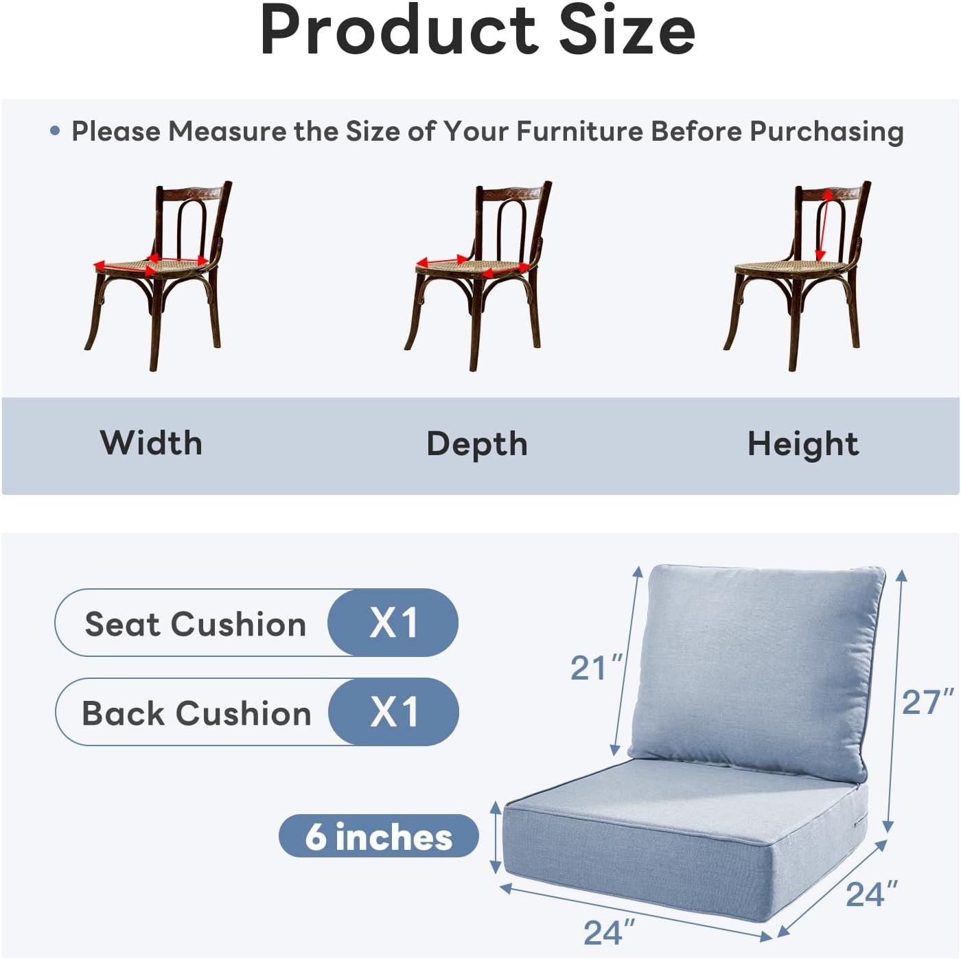 6 inches Thicker Outdoor Chair Cushions Set- 24" *24" *6" Waterproof Patio Furniture Cushions with Removable Cover, 28D High Density Sponge Filling Thicken Outdoor Patio Cushions - Baby Blue