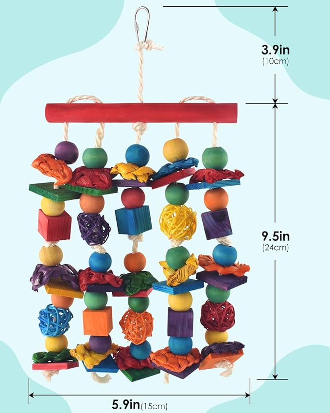 Bird Toys, Parakeet Chewing Toy, Multicolored Natural Wooden Blocks Birds Parrot Tearing Toys mit Rattan Wicker Balls, for Medium Small Macaw Cockatoos Budgie Lovebird Cockatiel Conures