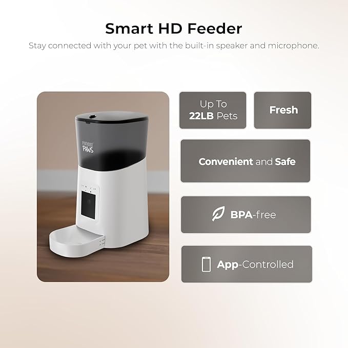 Smart HD Automatic Cat Feeder with 1080P Camera & Night Vision, 2-Way Audio, WiFi App Control, Anti-Jam 6L Cat Feeder with Backup Power, Easy to Clean, Schedules Up to 15 Meals for Cat & Dog, White