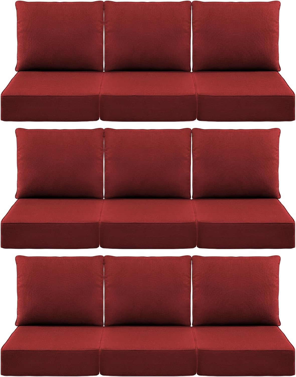 Luxury 6" Outdoor Cushions for Patio Furniture, 24x24x6" Thick Seat Cushion Set of 9, Fade Resistant Couch Chair Replacement Cushions High Density Deep Wicker Chair Cushion w/ Removable Cover, Red