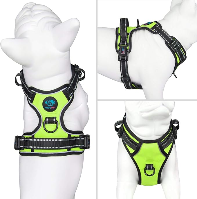 PHOEPET No Pull Dog Harness Medium Reflective Front Clip Puppy Vest with Handle,Adjustable 2 Metal Leash Attachment Hooks(M, Green)