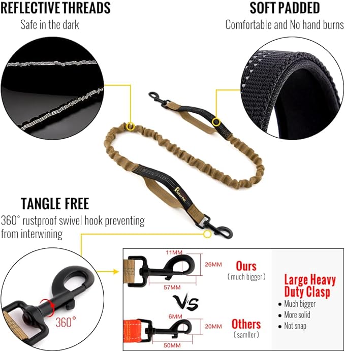 Plutus Pet Hands Free Dual Handle Retractable Bungee Leash with Reflective Stitches, Adjustable Waist Leash for Dog Walking, Running, Jogging, Medium Large Dogs