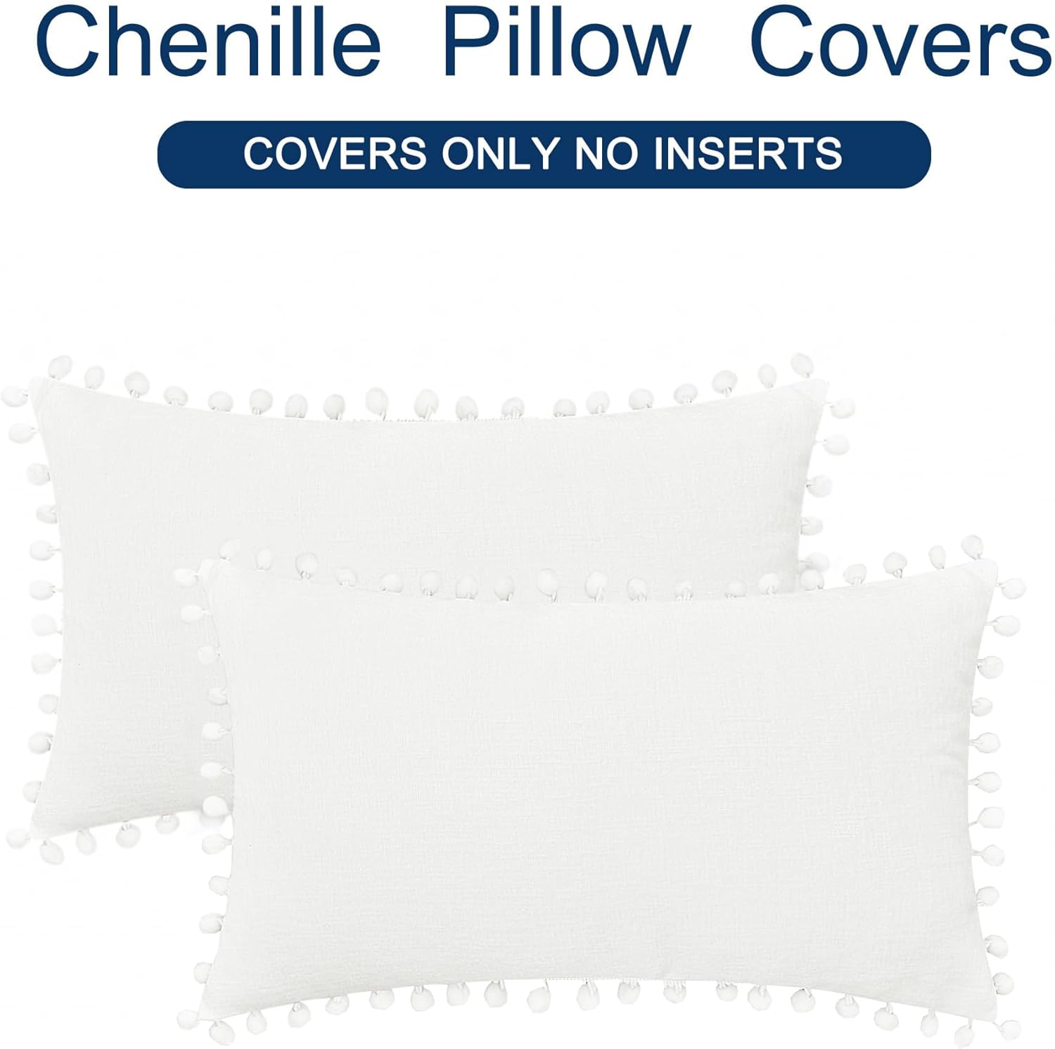 CaliTime Throw Pillow Covers Decorative 12 X 12 Inches Pack of 2 Cozy Solid Dyed Soft Chenille Cushion Cases with Pom Poms for Couch Sofa Bed Living Room Home True White