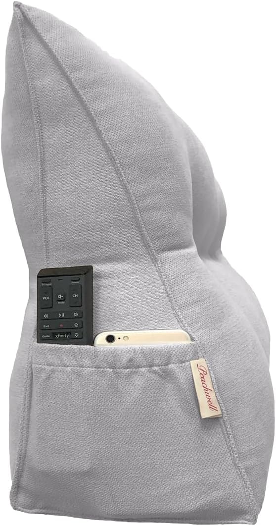 Triangular Reading Bed Rest Pillow Large Bolster Cushion Headboard Backrest Wedge Pillow with Removable Cover and Two Large Side Pockets (Chalk Grey, Twin: 39 x 8 x 20 inches)
