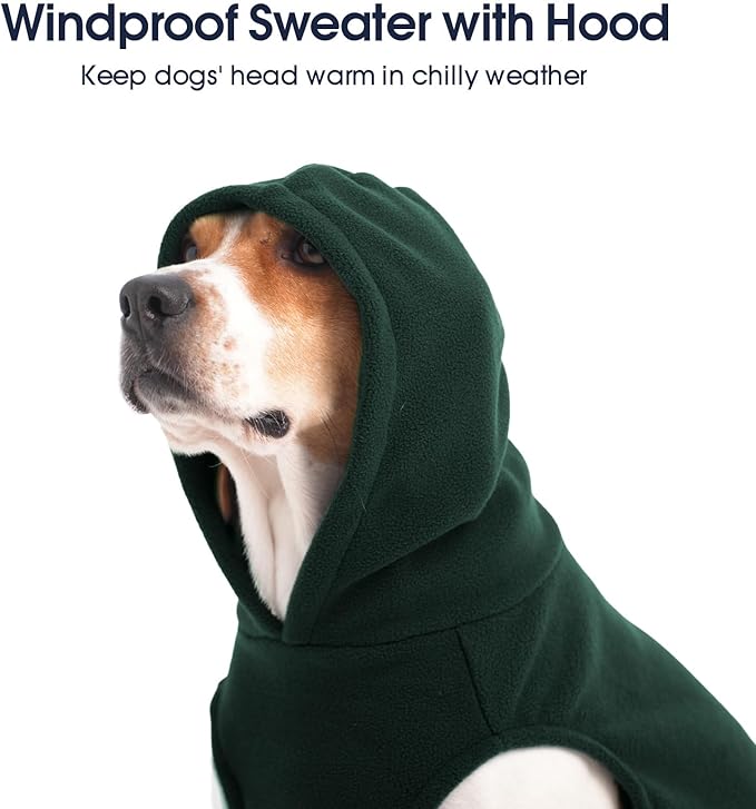 IECOii XL Dog Sweater & Pullover Hoodie for Large Dogs, Warm Fleece Layer with Hood for Cold Weather, Boys & Girls, Green, Size XL