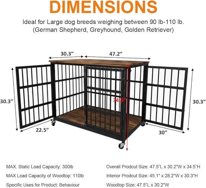 48/42/38 Dog Crate Furniture, Heavy Duty Dog Kennel Indoor for Large Dogs, Escape-Proof and Chew-Proof Wooden Dog Cage for high Anxiety Dog, Decorate House as TV Stand, End Table