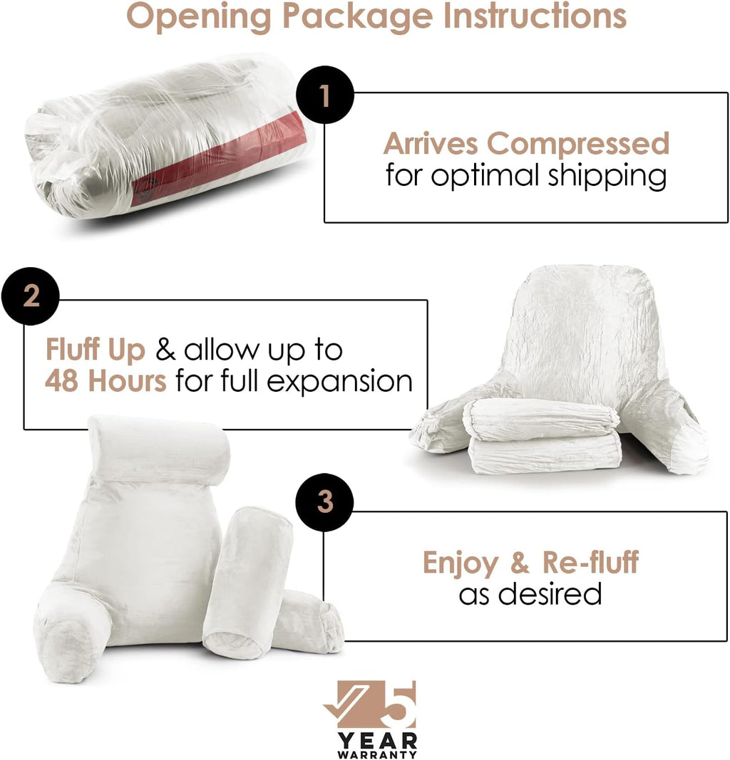 Nestl Reading Pillow with Shredded Memory Foam Includes 2 Neck and Lumber Support Pillows, Designed for Sitting Up in Bed and Couch, Back and Arms Adjustable Support for Adult & Teens, White