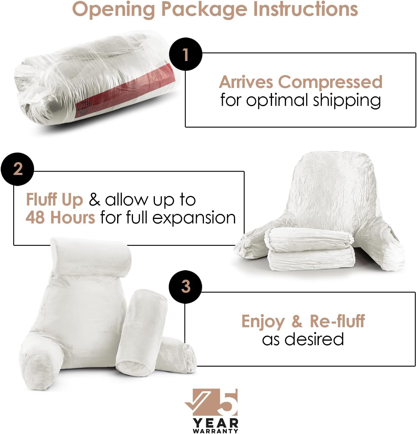 Nestl Reading Pillow with Shredded Memory Foam Includes 2 Neck and Lumber Support Pillows, Designed for Sitting Up in Bed and Couch, Back and Arms Adjustable Support for Adult & Teens, White