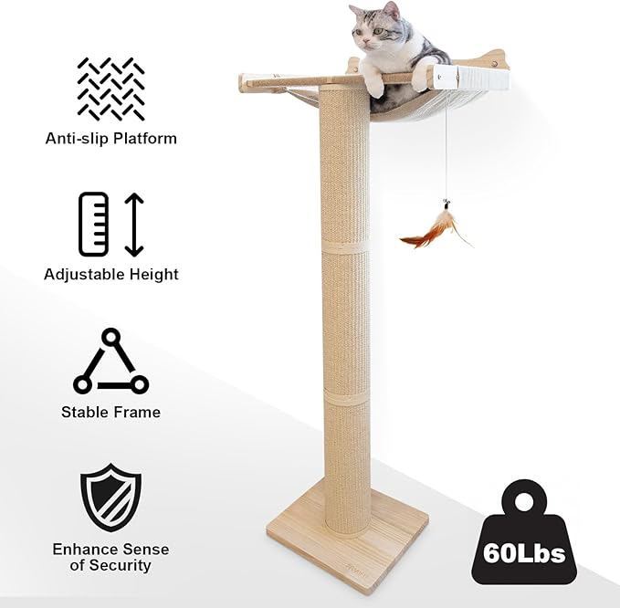 Upgraded Cat Window Perch with Scratching Post, 54.3" Adjustable Cat Tall Scratching Posts & Suction Cup – Multi-Level Perch for Climbing, Bird Watching, and Play, Supports 60 lbs (Drilling-Free)
