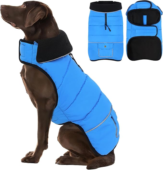 Dog Coat, Large Dog Jacket, Windproof Dogs Puffer Jacket, Fleece Lined Warm Dogs Winter Coat with Harness Hole(Blue 2XL)
