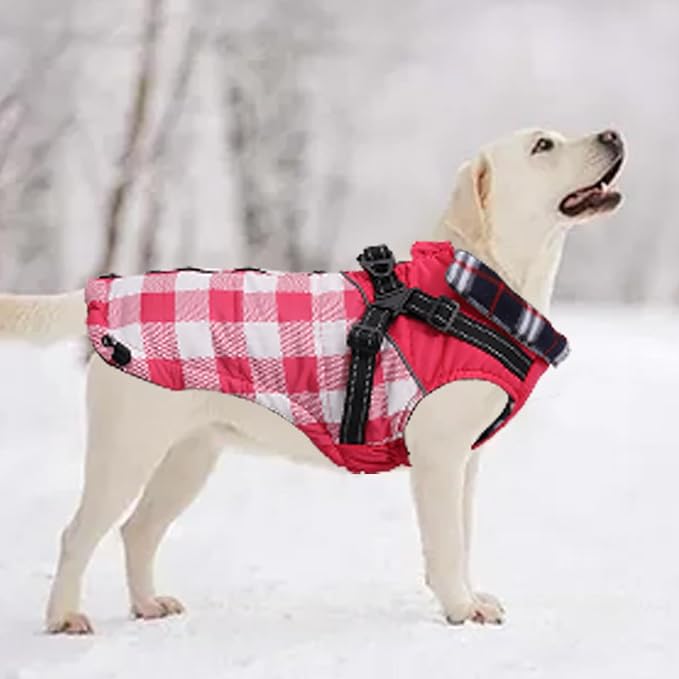 Dog Coat with Harness,Small Dog Winter Coat,Doggie Jackets with Built in Harness,Adjustable Warm Jacket for Medium Large Dogs,Pet Puppy Cold Weather Coats for Dogs Waterproof (PlaidPink, Medium)