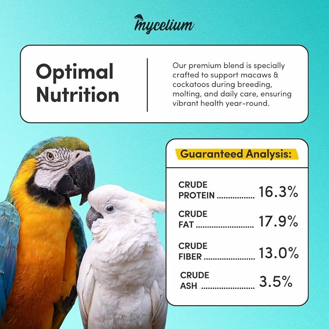 Mycelium Premium Macaw and Cockatoo Plus | High in Protein & Fat | Clean & Safe Food for Pet Birds | Seed Mix with Egg, Corn, Vitamins, Peanuts & Hemp Hearts | Organic & Non-GMO 5 lb Bag