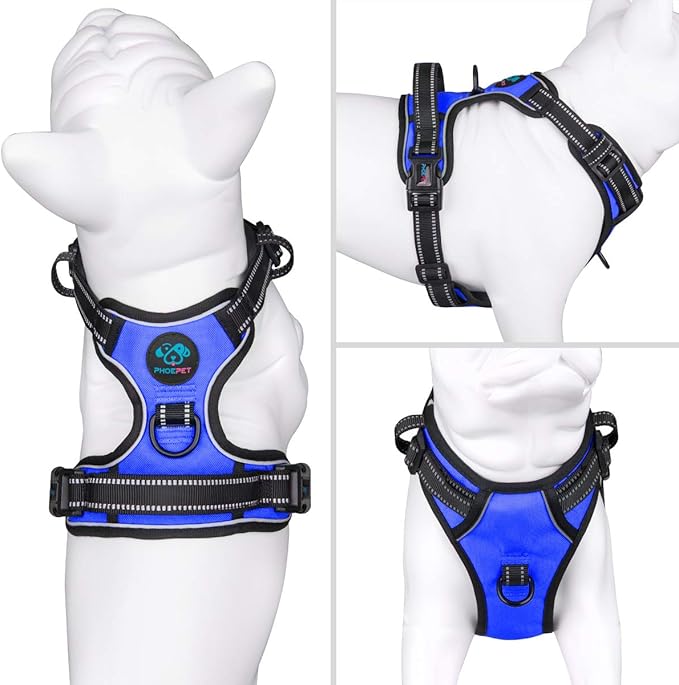 PHOEPET No Pull Dog Harnesses for Small Puppies Reflective Adjustable Front Clip Vest with 2 Metal Leash Attachment Hooks Soft Handle [Over The Head Design](L, Royal Blue)