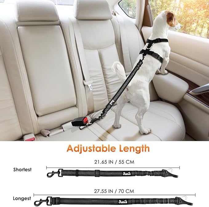 SlowTon Dog Seat Belt, Adjustable Dog Safety Belt Leash, 2 in 1 Latch Bar Attachment Dog Car Seatbelt with Elastic Nylon Bungee Buffer, Reflective Nylon Belt Tether Connect to Dog Harness (Black)