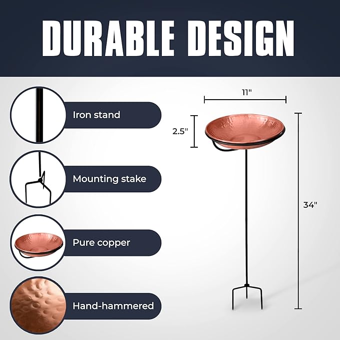 Monarch Abode Pure Copper Hand Hammered Standing Bird Bath and Feeder w/ Iron Stand, 34-inch Detachable Iron Stand Outdoor Birdbath and Birdfeeder for Garden Backyard Patio & Deck, Bird Water Feeder
