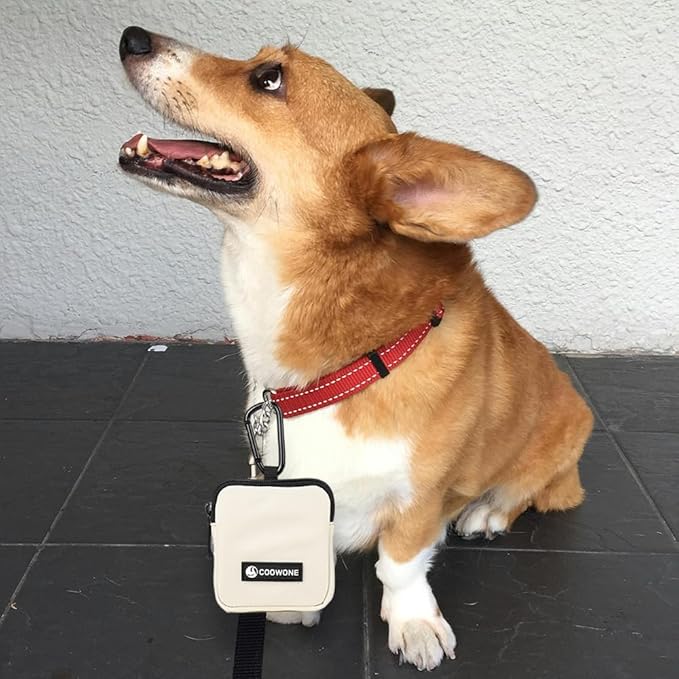 Waterproof Dog Treat Pouch, Dog Training Treat Pouch Built in Poop Bag Dispenser Adjustable Shoulder Bag (BLK) (Beige Small Pouch)