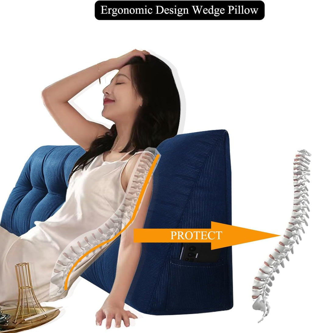 Husband headboard Pillow Large Back Rest Support Reading Pillows for Sitting in Bed for Adults Triangle Velvet Wedge Pillow headboard Full Size, Blue