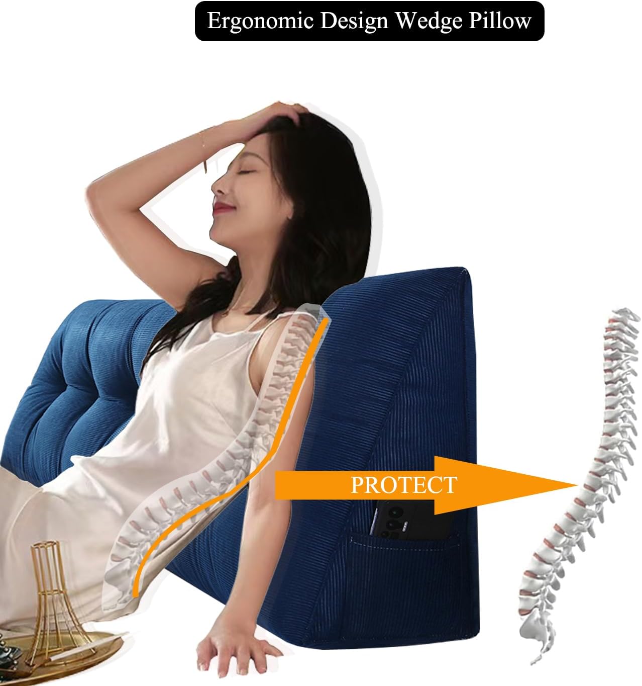 Husband headboard Pillow Large Back Rest Support Reading Pillows for Sitting in Bed for Adults Triangle Velvet Wedge Pillow headboard Full Size, Blue