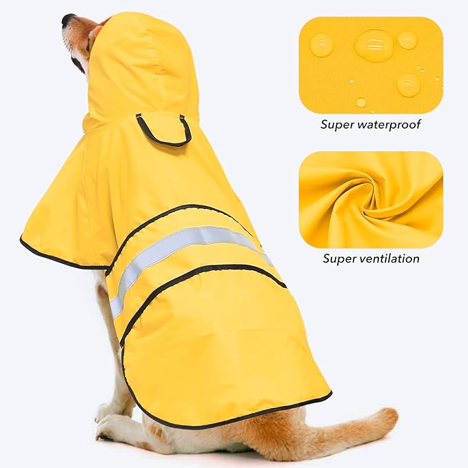 Reflective Dog Raincoat - Adjustable Raincoat for Dogs, Lightweight Hooded Dog Raincoats Poncho Slicker, Waterproof Rain Jacket Coat for Small, Medium, Large Dogs Walking (Yellow, XX-Large)