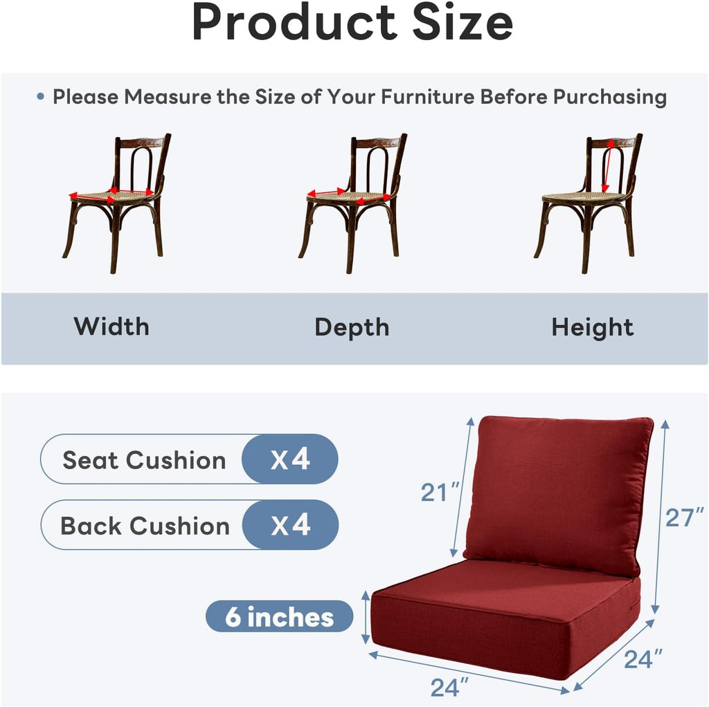 6" Thicker Outdoor Chair Cushion 4 Sets - 24" *24" *6" Waterproof Patio Furniture Cushions with Removable Cover, 28D High Density Sponge Filling Thicken Outdoor Patio Cushions - Red