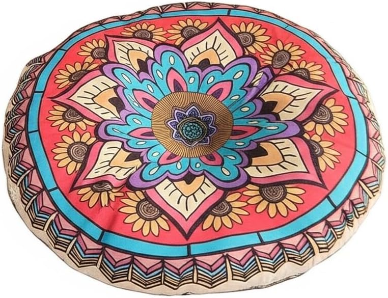 Mandala Round Floor Pillow - 16x16 inch Reversible Cotton Linen Meditation Cushion for Yoga, Balcony & Patio Decor (Colorful)