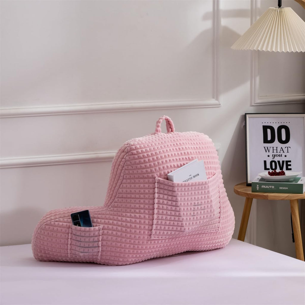 Holawakaka Reading Pillow for Bed and Sofa Couch Sitting Up, Backrest Pillows with Arms for Kids Teens Adults, Back Support Cushion for Lounging, Watching TV, Working on Laptop, Pink