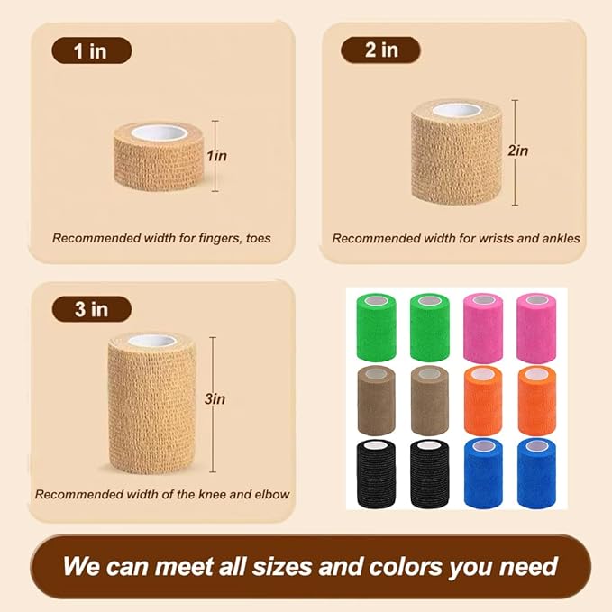 12 Pack Self Adhesive Bandage Wrap,3" X 5 Yards Beige Elastic Cohesive Bandage for Sports,Wrist,Ankle,Vet Wrap,Grip Tape