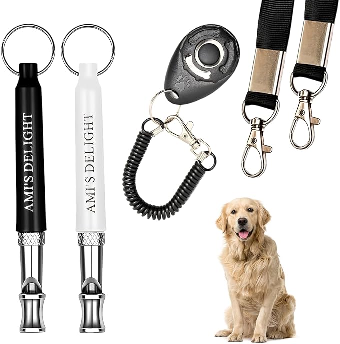 Ami's Delight Dog Whistle Set of 5 | 2PCS Premium Quality Adjustable Dog Whistles with 2 Black Lanyards and a Dog Clicker | Ultrasonic Dog Whistle to Stop Barking Neighbors Dog