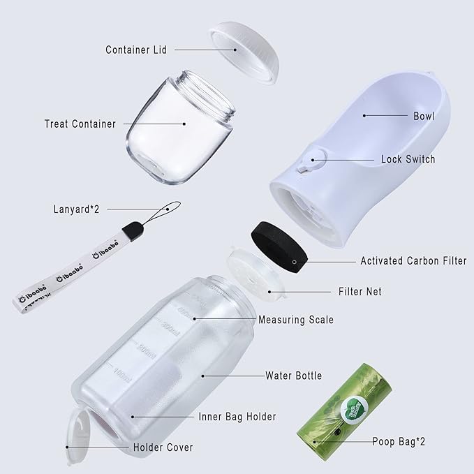 Dog Water Bottle with Food Container & Poop Bag Holder, Travel Water Bowl, Portable Pet Dispenser, Dog Gifts Stuff Accessories Items, Puppy Essentials for Yorkie Chihuahua Walking Hiking