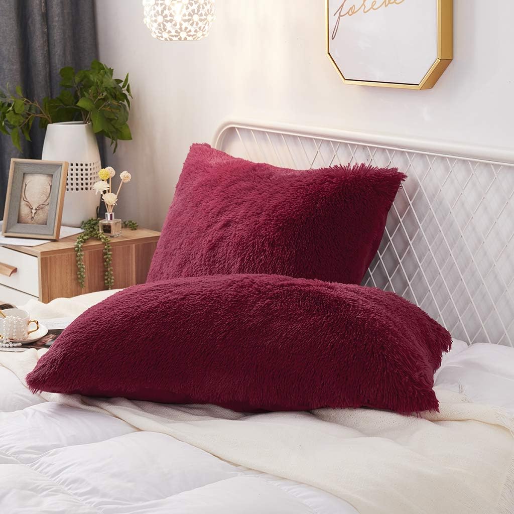 Uhamho Set of 2 Standard Pillowcases Faux Fur Throw Pillow Covers Queen Size Shams Soft Velvet Decorative Zipper Closure (Burgundy, 20"x26")