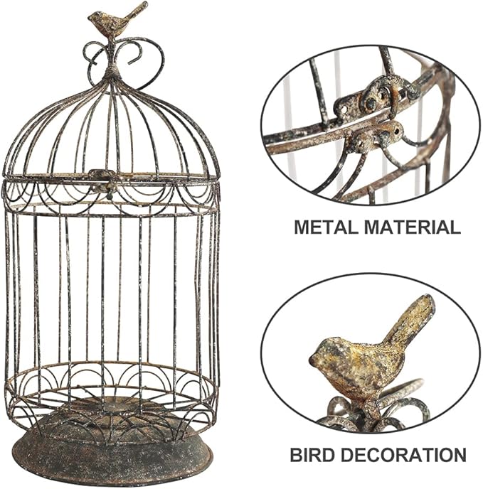 Rustic Vintage Birdcage Planter Holder Farmhouse Distressed Decorative Metal Round Plants Stand with Latch Lock Closure and Hanging Hook for Table Garden Patio Home Indoor Outdoor Centerpiece Decor