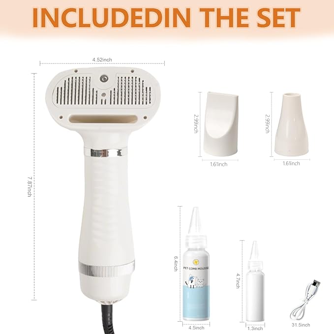 6 in 1 Dog Cat Steam Brush with Dryer - Pet Grooming Spray Brush for Shedding, Drying, Massaging, Deodorizing, Self-Cleaning - Includes Leave-In Pet Hair Care Solution - Easy to Use & Store Hide translation
