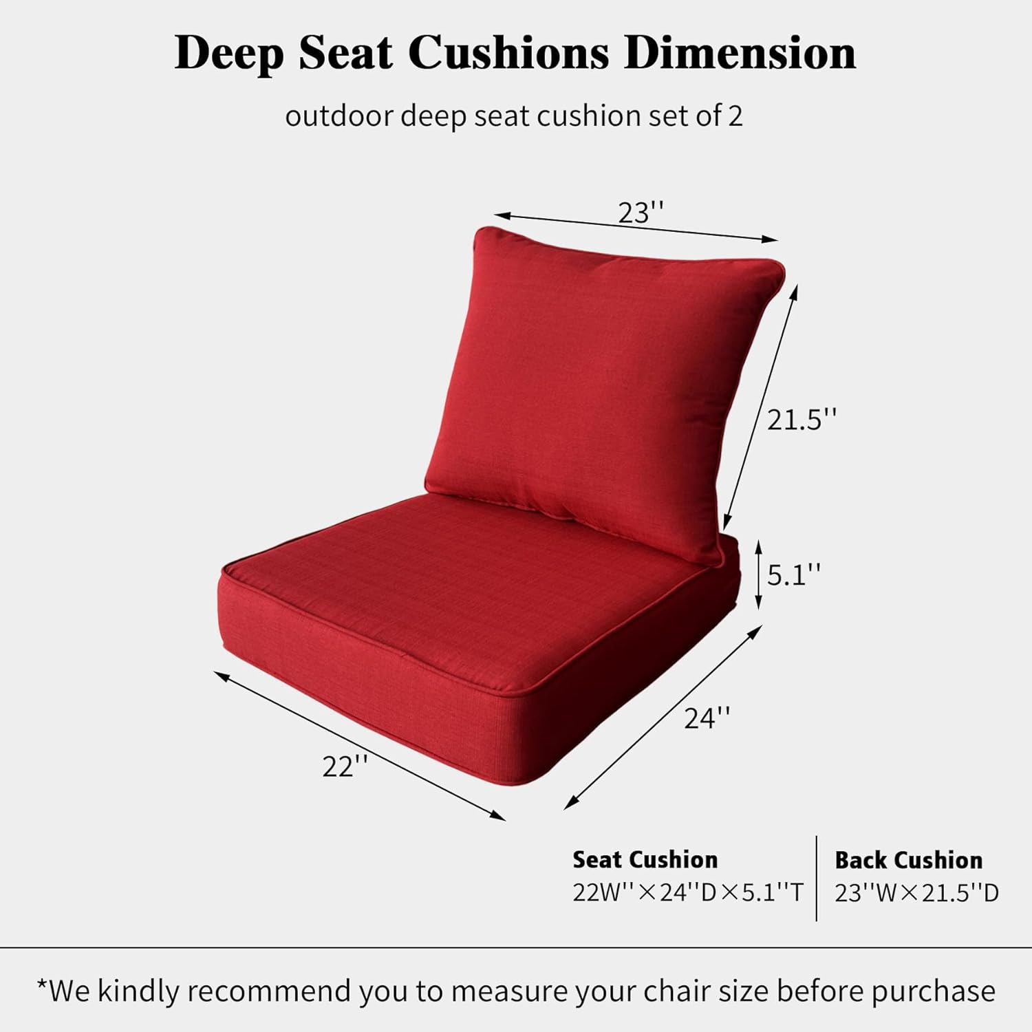 22x24 inch Outdoor/Indoor Deep Seat Patio Cushions Set of 2 Deep Seat Bottom Resilient Foam Filling Water Repellent Stain-Resistant UV Resistant Weather Resistant Chili