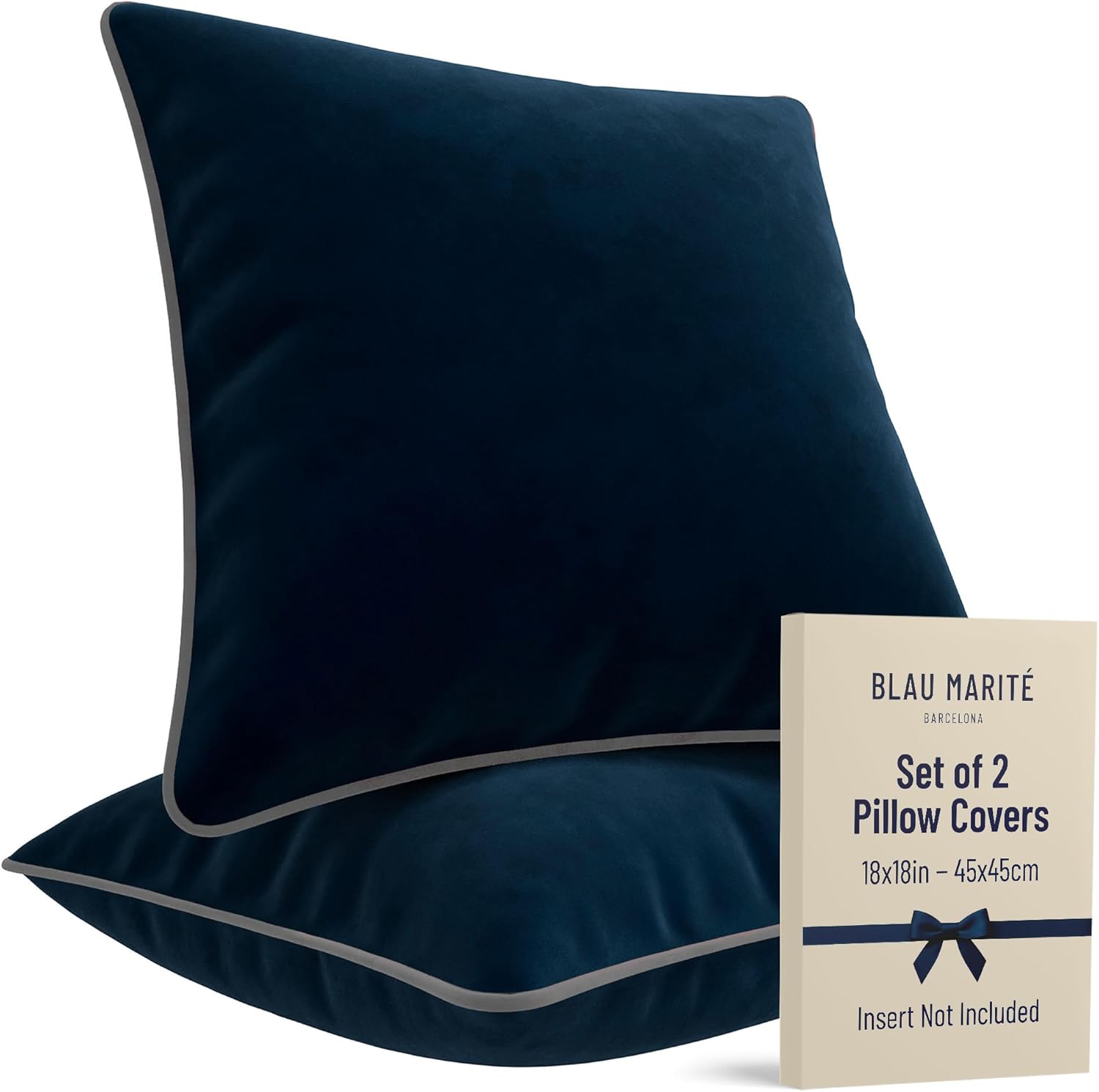 2 Pack Velvet Decorative Throw Pillow Covers, 18"x18", Navy Blue and Grey, Solid, Modern, Contrast Piping, Indoor Use, Bedroom & Living Room