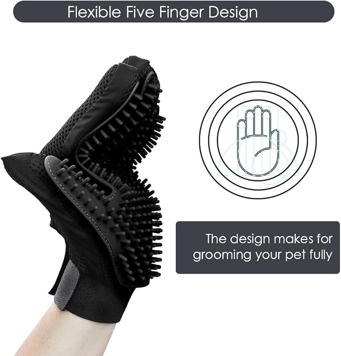 Upgrade Version Pet Grooming Glove - Gentle Deshedding Brush Glove for Dogs, Cats & Horses with Long and Short Fur - Efficient Pet Hair Remover Mitt - Enhanced Five Finger Design - 1 Pair (Black)