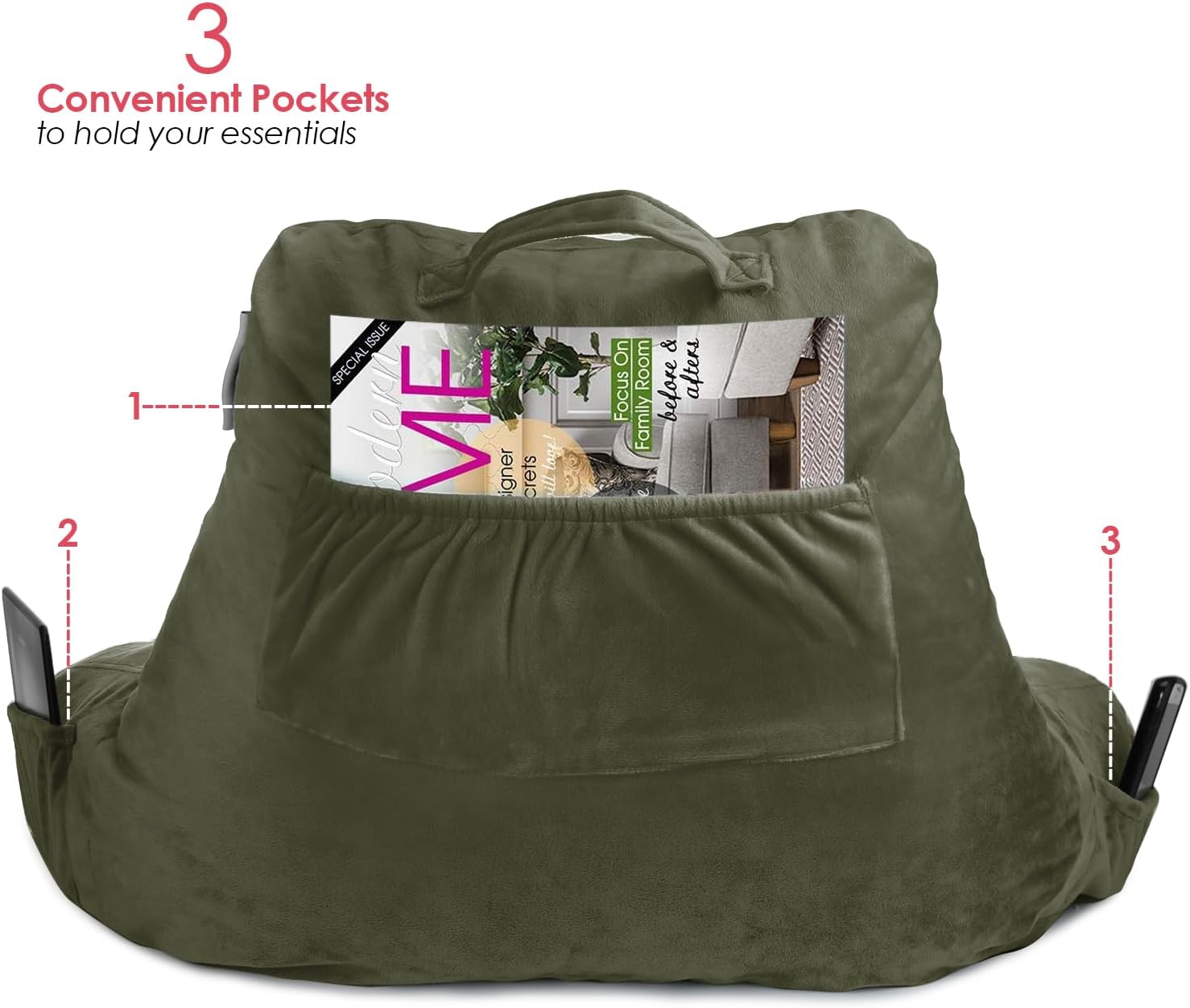 Nestl Reading Pillow for Kids & Teens with Shredded Memory Foam, Backrest Pillows for Reading, Watching, and Gaming, Use on the Couch, Bed, or Floor, Adjustable Support with Washable Cover Olive Green