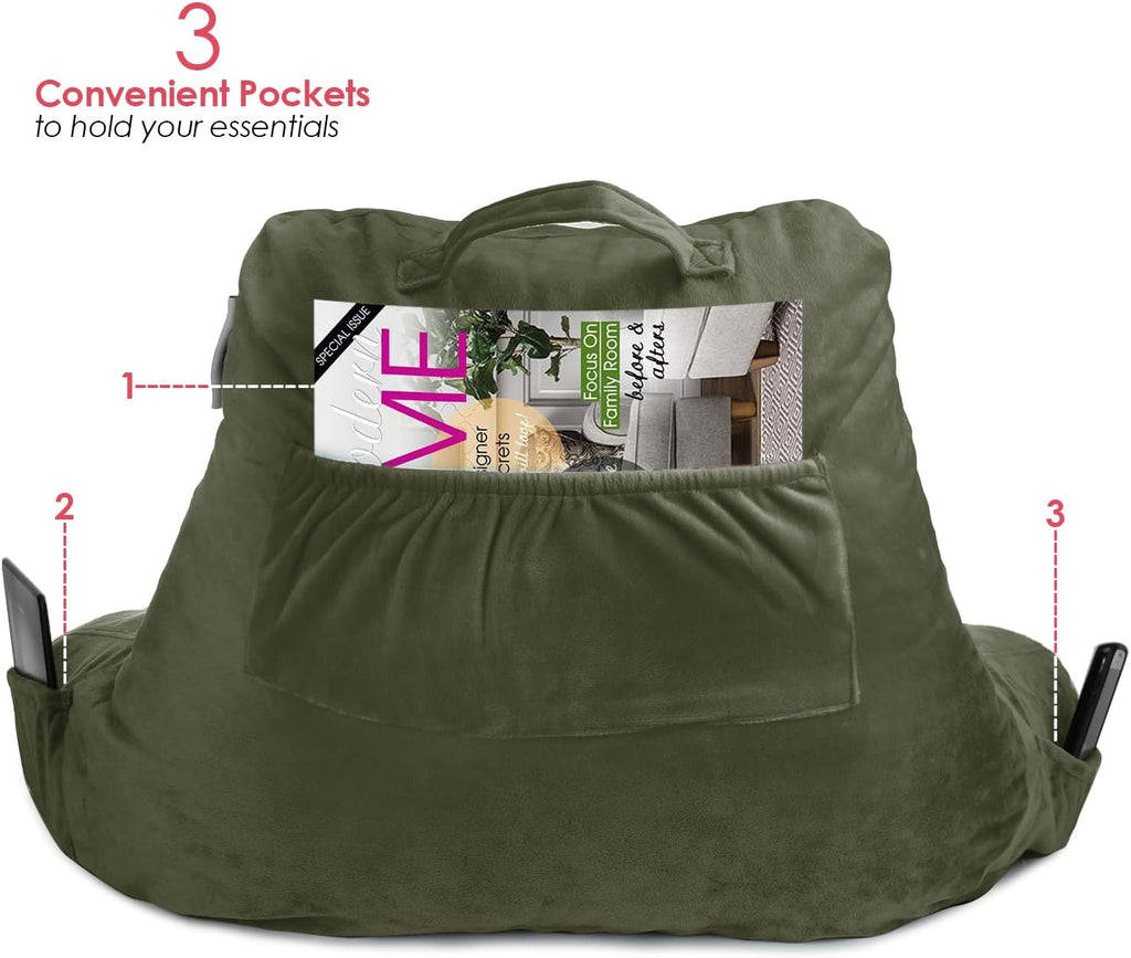 Nestl Reading Pillow with Shredded Memory Foam, Designed for Sitting Up in Bed and Couch, Back and Arms Adjustable Support for Adult & Teens Backrest Pillows for Reading, Washable Cover, Olive Green