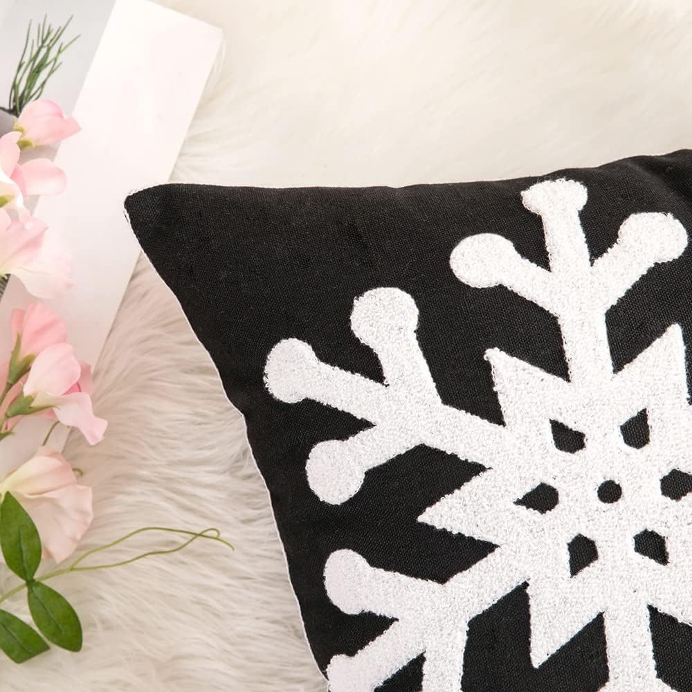 MIULEE Pack of 2 Christmas Decorative Snowflake Throw Pillow Covers Canvas Embroidery Winter Cushion Cases Holiday Decor Soft Pillowcases for Winter Couch Sofa Bedroom Car（Black, 20x20in）