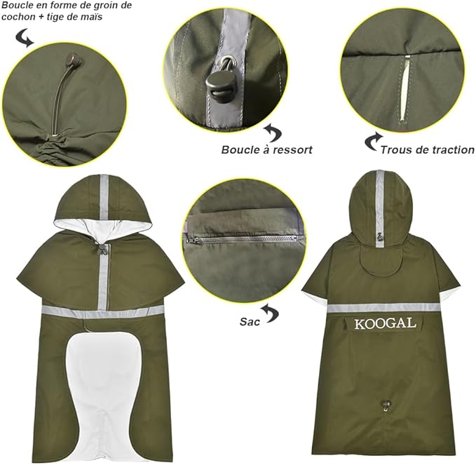 Green Waterproof Raincoat, 2XL for Small Dogs, Adjustable, Windproof, Reflective Strips