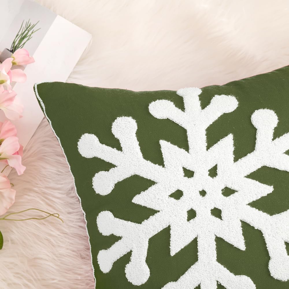 MIULEE Pack of 2 Christmas Decorative Snowflake Throw Pillow Covers Canvas Embroidery Winter Cushion Cases Holiday Decor Soft Pillowcases for Winter Couch Sofa Bedroom Car（Army Green, 20x20in）