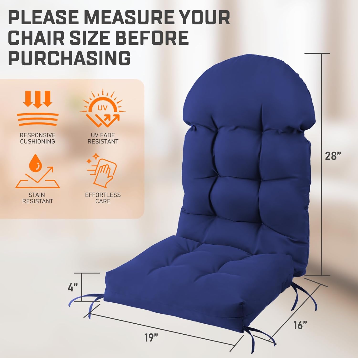 FUNBERRY Adirondack Chair Cushion, Thicken Comfy Cushions for Rocker Non Slip Fade Shield Waterproof High Back with Ties