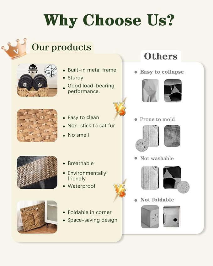 Cat Beds Indoor Kitten House, Handwoven Rattan Cat Cave Pet Cube, Large Cat Houses, One Bed Mat, Foldable, Hideaway, 16.5x16.5x13.2 Inches, 2 S-Shaped Hooks in Living Room Bedroom Natural