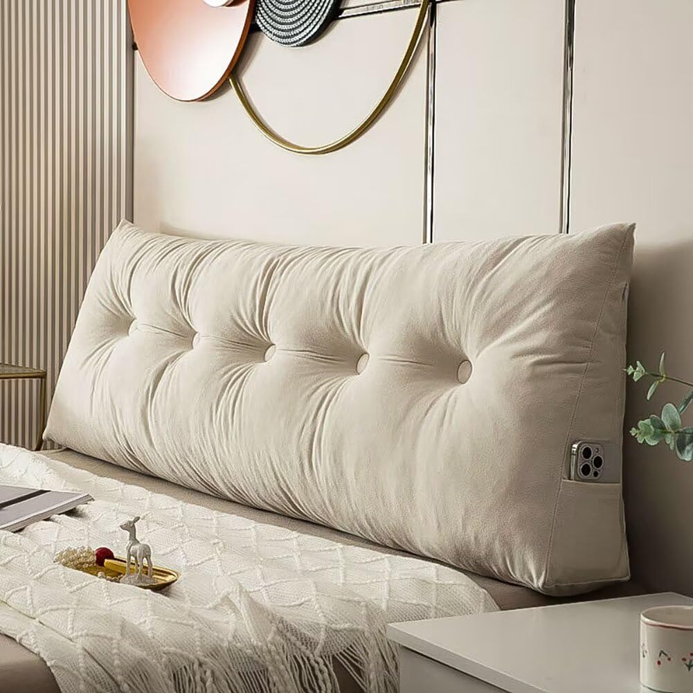 Queen Size Headboard Pillow Wedge Long Backrest Positioning Support for Daybed Wedge Bed Rest Reading Pillow with Side Pockets Bolster Cushion