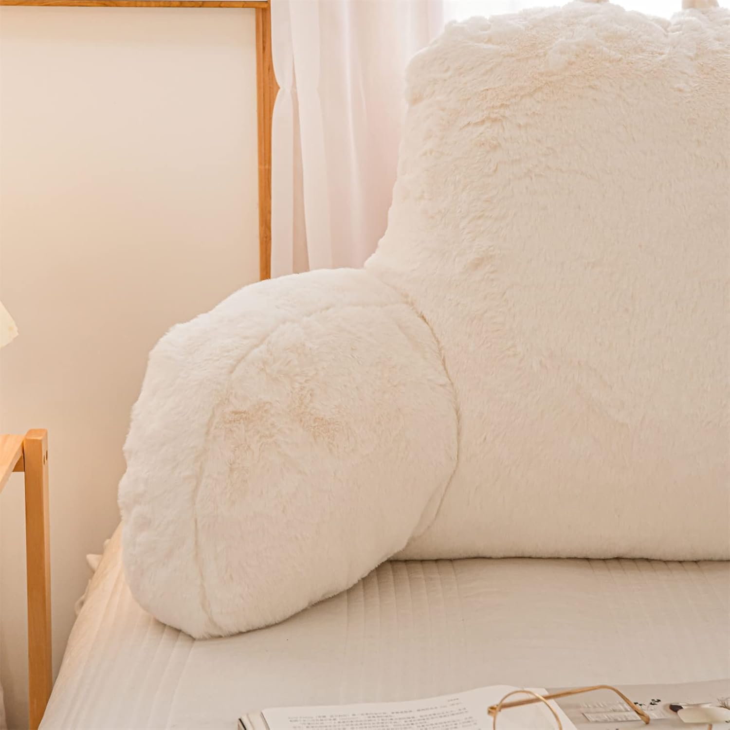 A Nice Night Faux Fur Reading Pillow Bed Wedge Large Adult Children Backrest with Arms Back Support for Sitting Up in Bed/Couch for Bedrest,Ivory,Large