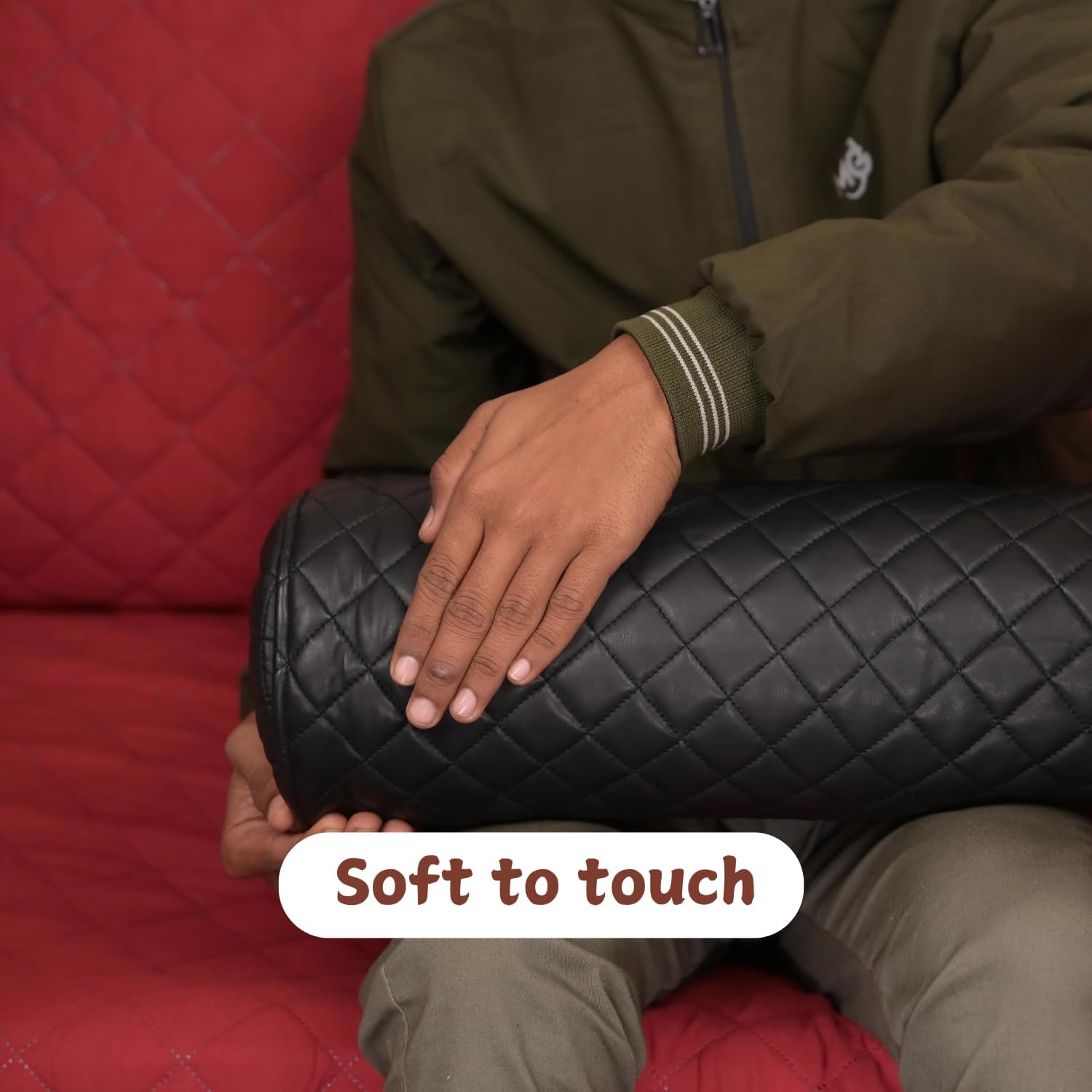 Neck Roll Pillow Cushion Cover, 18x5 Inch Full Moon Round Bolster Pillow Case, Cylinder Soft Lambskin Leather Pillowcase for Head, Spine & Neck Support During Sleep - Quilted Black Pack of 2