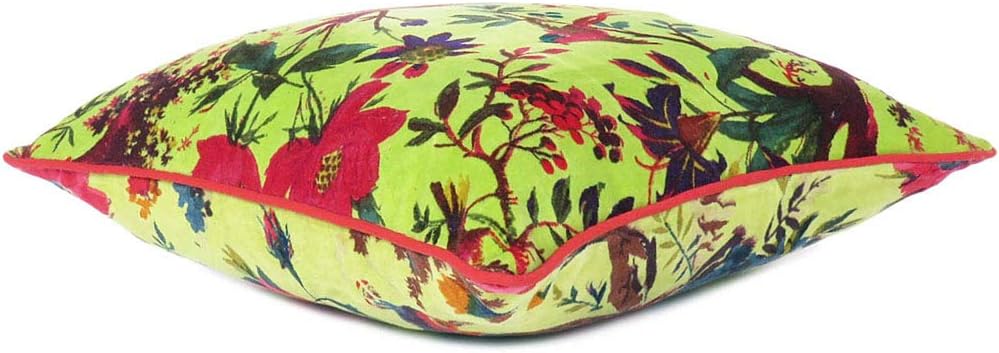 Eyes of India Velvet Floral Flower Bird Throw Pillow Sofa Cushion Cover Case Couch Colorful Boho Chic Bohemian Accent Indian Handmade (Light Green, 16" x 16")