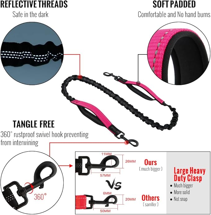 Plutus Pet Hands Free Dog Leash, Soft Padded Dual Handle Retractable Bungee Leash with Reflective Stitches, Adjustable Wasit Leash for Dog Walking Running Jogging, for Medium Large Dogs